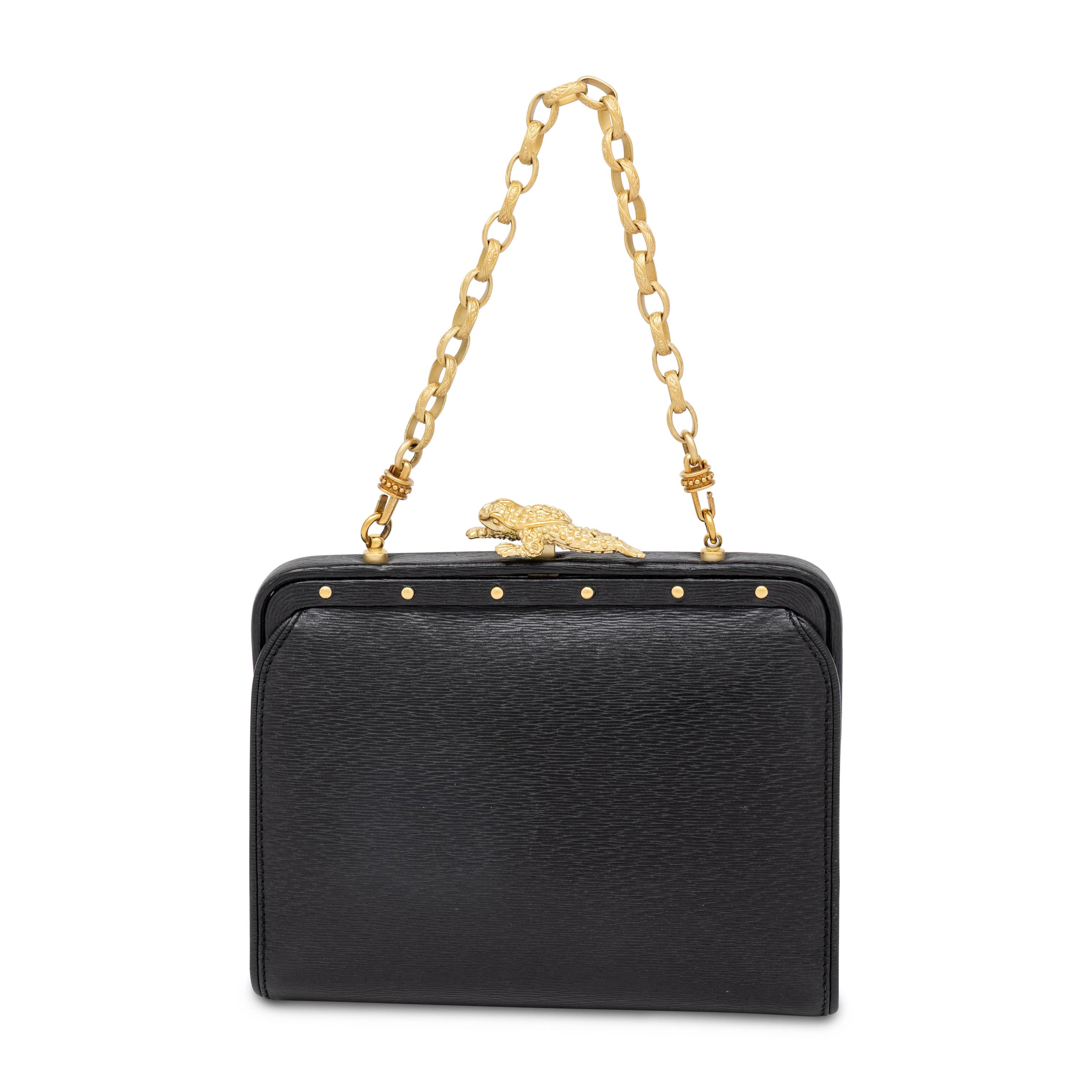 Kieselstein-Cord, Frame-Top Frog Clasp Handbag in Black Leather