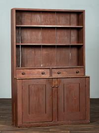 A Country Red Painted Pine Step-Back Pewter Cupboard