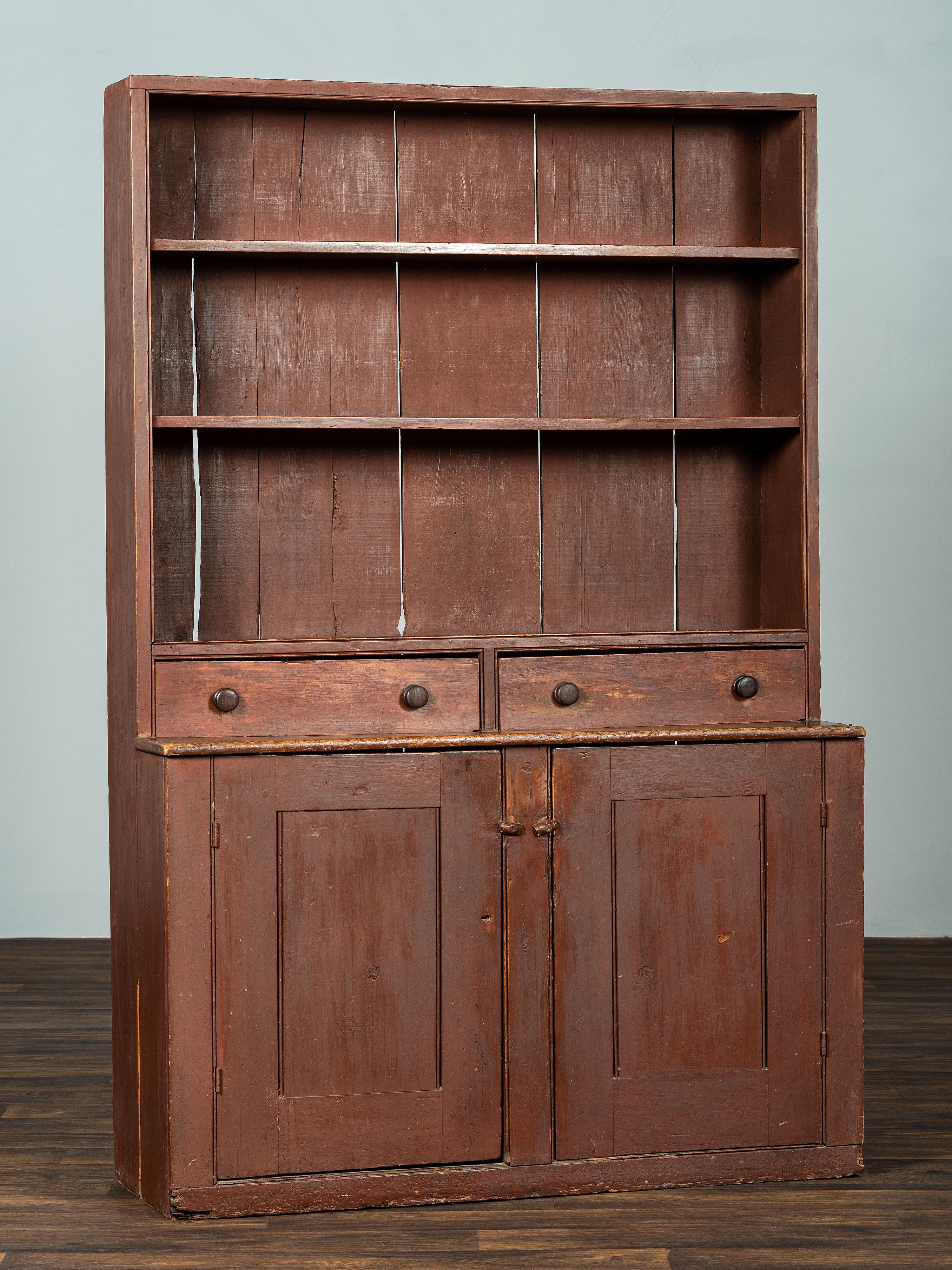 A Country Red Painted Pine Step-Back Pewter Cupboard