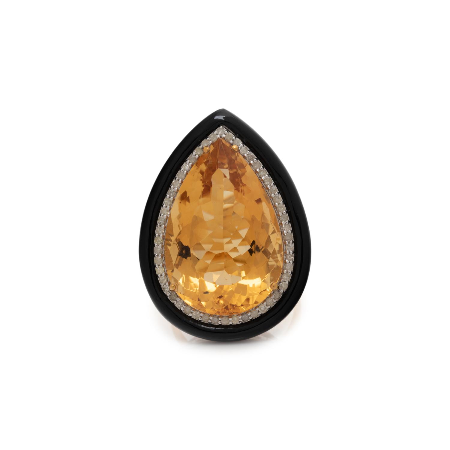 CITRINE, DIAMOND, AND BLACK ONYX RING