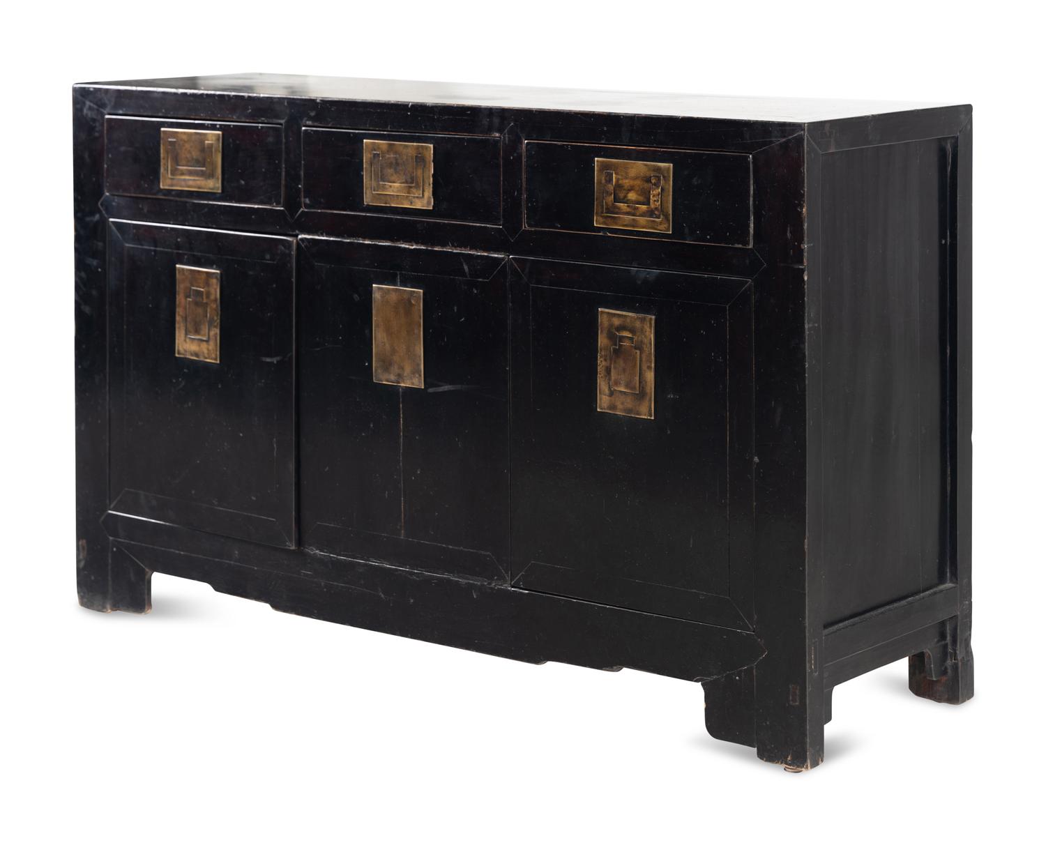 A Chinese Style Black Lacquered and Brass Mounted Console Cabinet