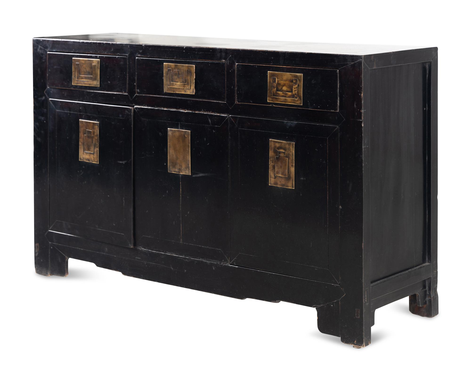 A Chinese Style Black Lacquered and Brass Mounted Console Cabinet