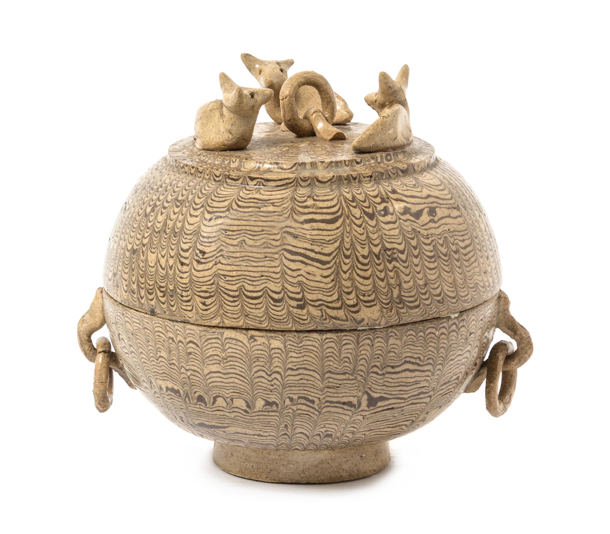 A Chinese Marble Glazed Jiaotai Pottery Covered Bowl TANG DYNASTY OR LATER Diameter 5 3/8 inches. — TANG DYNASTY OR LATER