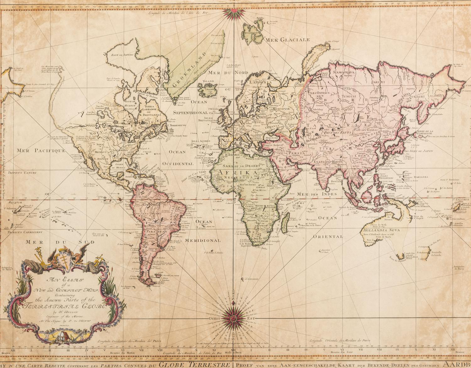 BELLIN, Jacques Nicholas (1703-1772). An Essay of a New and Compact Map Containing the Known Parts of the Terrestrial Globe . The Hague: P. de Hondt, 1750.