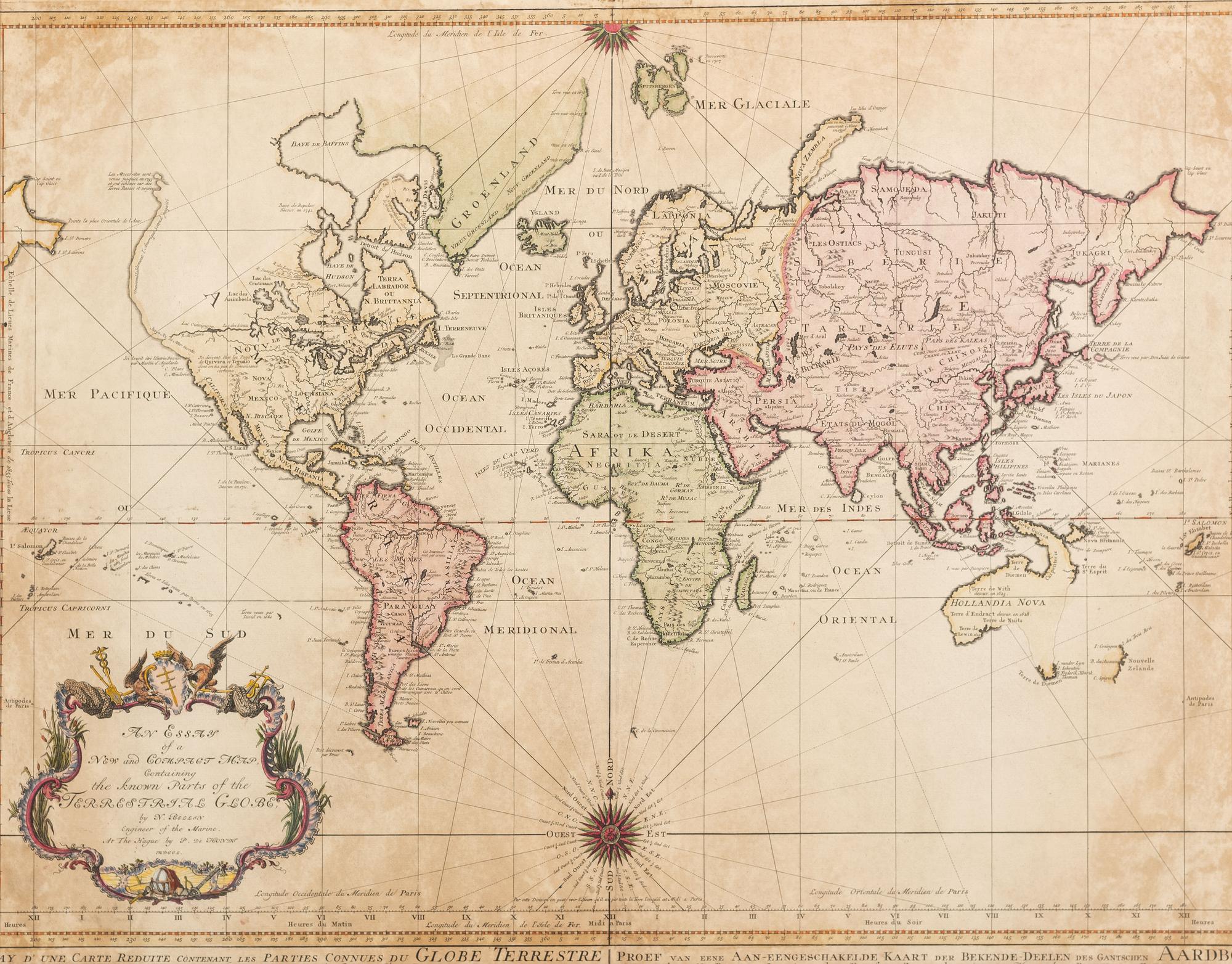 BELLIN, Jacques Nicholas (1703-1772). An Essay of a New and Compact Map Containing the Known Parts of the Terrestrial Globe . The Hague: P. de Hondt, 1750.