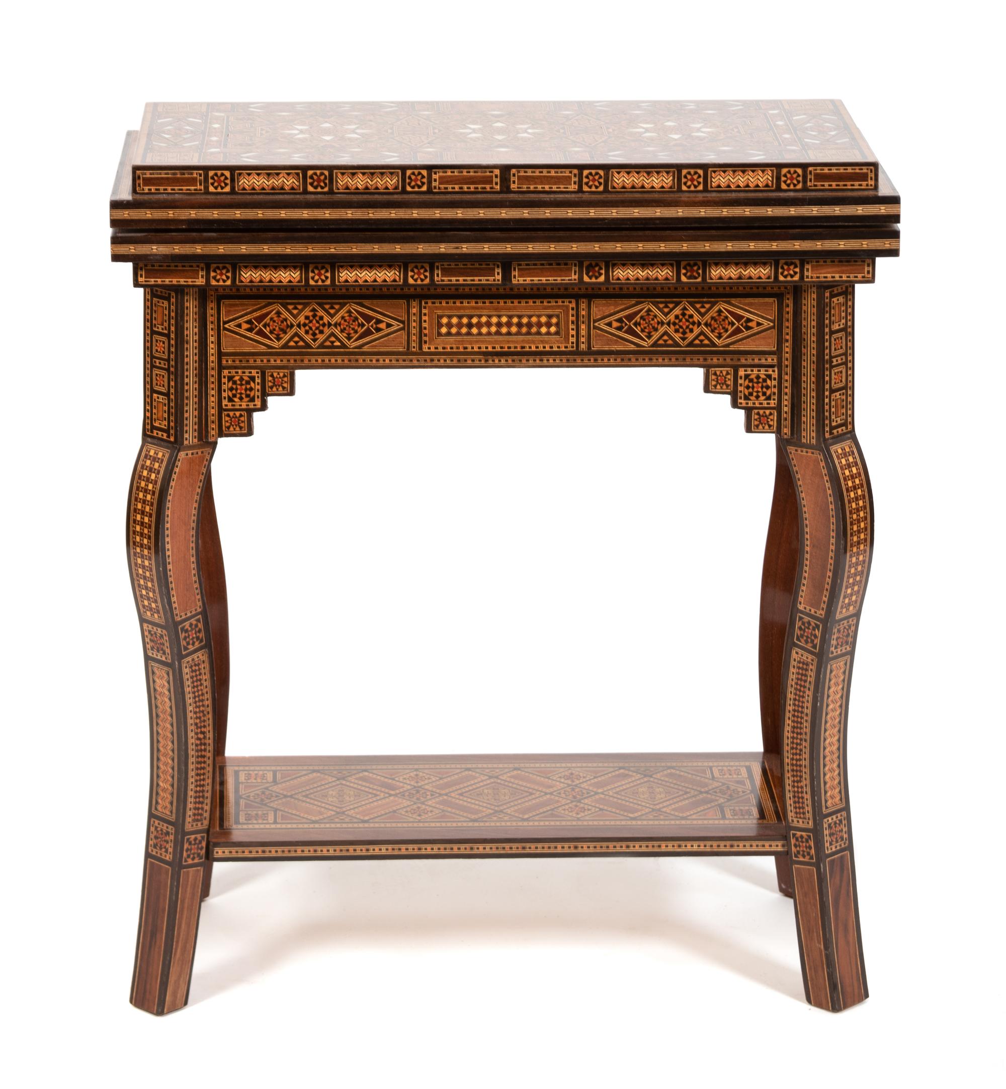 A Syrian Parquetry Mother-of-Pearl Inlaid Game Table Height 29 x width 25 x depth open 25 inches. — 19TH CENTURY