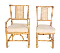 A Bamboo and Rattan Dining Set comprising a table and six chairs.