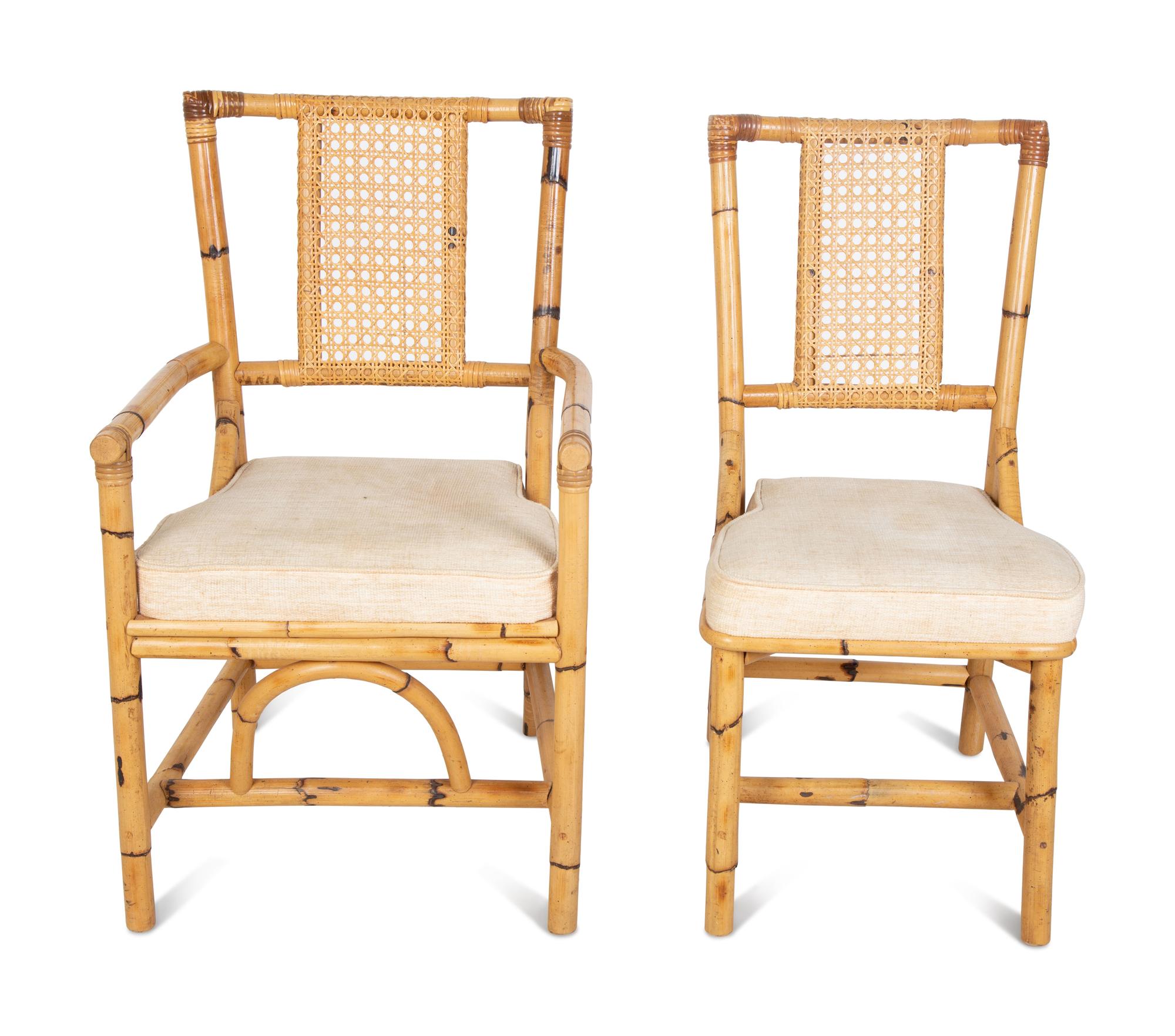 A Bamboo and Rattan Dining Set comprising a table and six chairs.