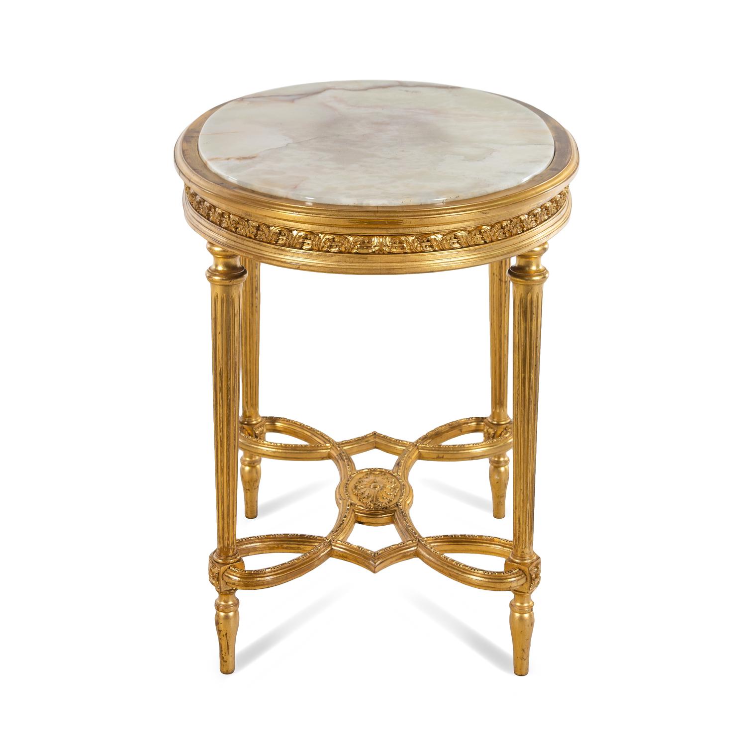A Louis XVI Style Onyx-Inset Giltwood Center Table in the Style of Adam Weisweiler