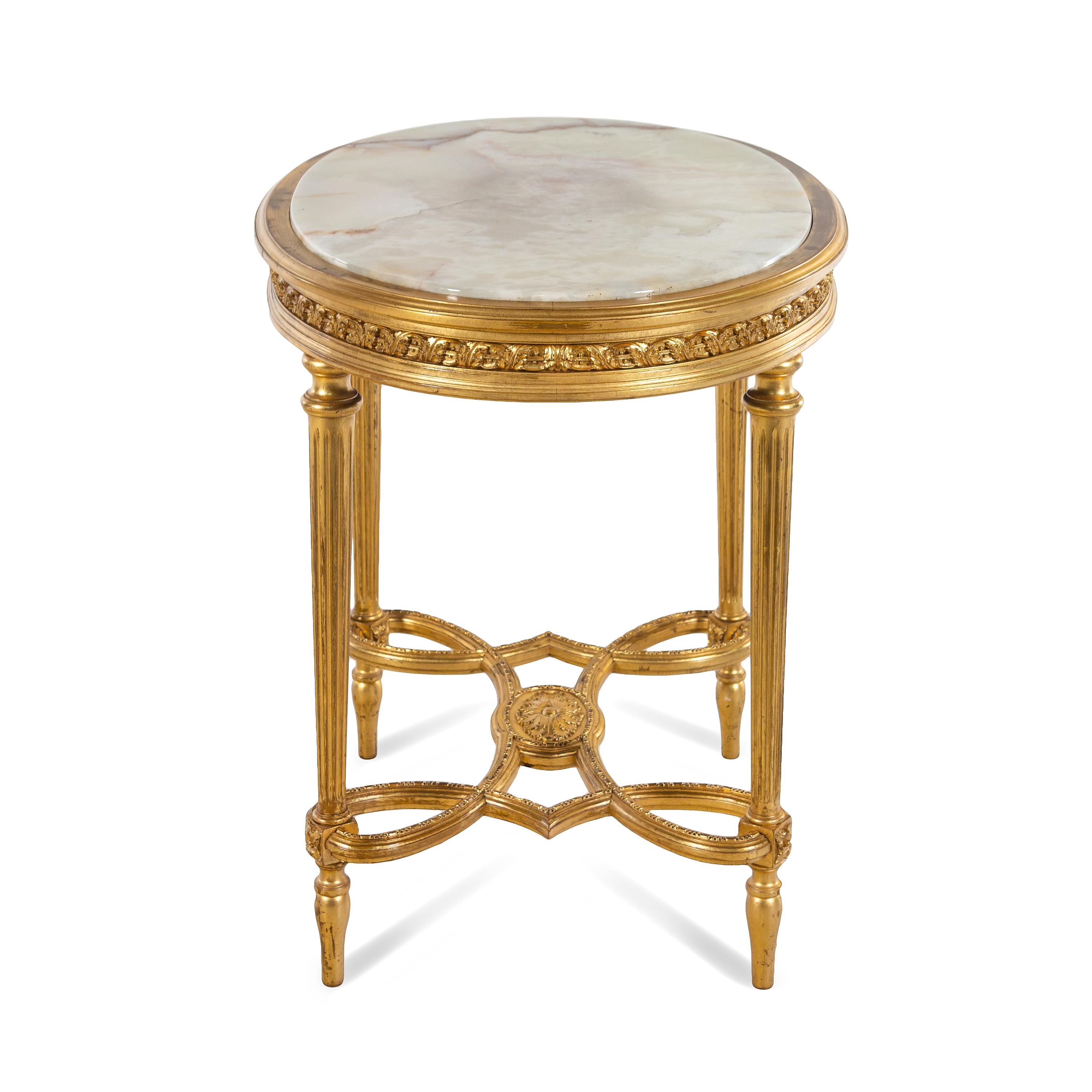 A Louis XVI Style Onyx-Inset Giltwood Center Table in the Style of Adam Weisweiler