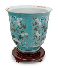 A Chinese Turquoise Ground Grisaille Decorated Porcelain Jardiniere