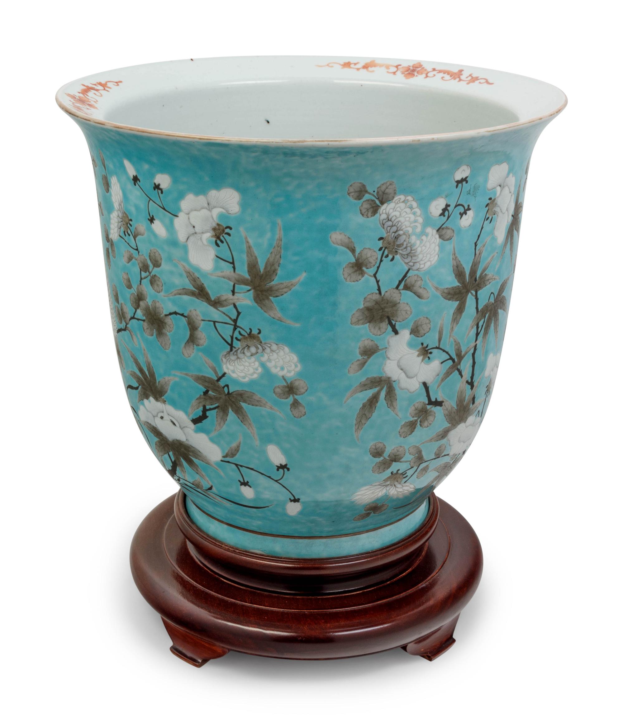 A Chinese Turquoise Ground Grisaille Decorated Porcelain Jardiniere