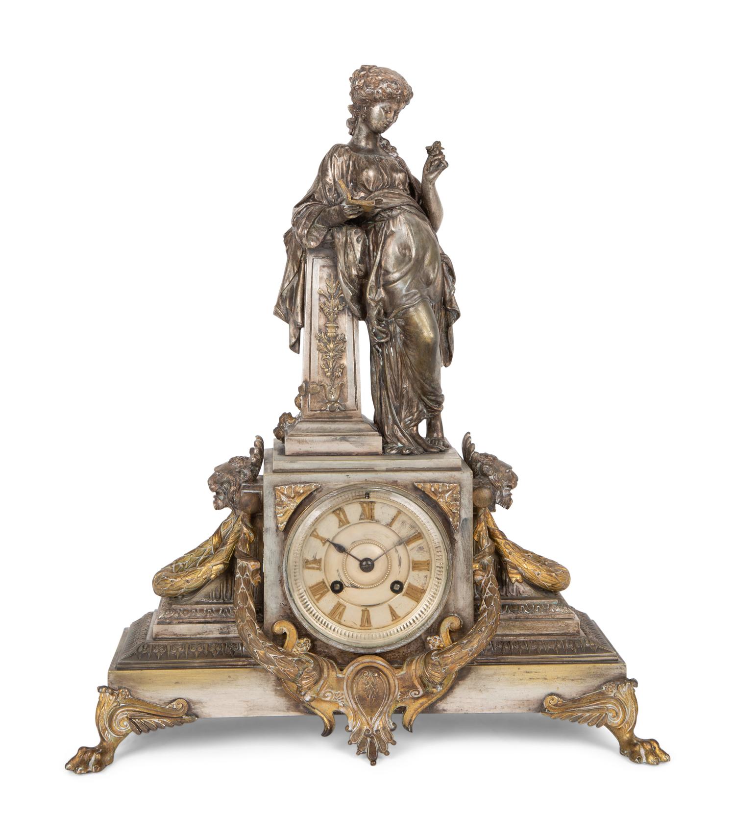 A French Silvered Bronze Figural Clock