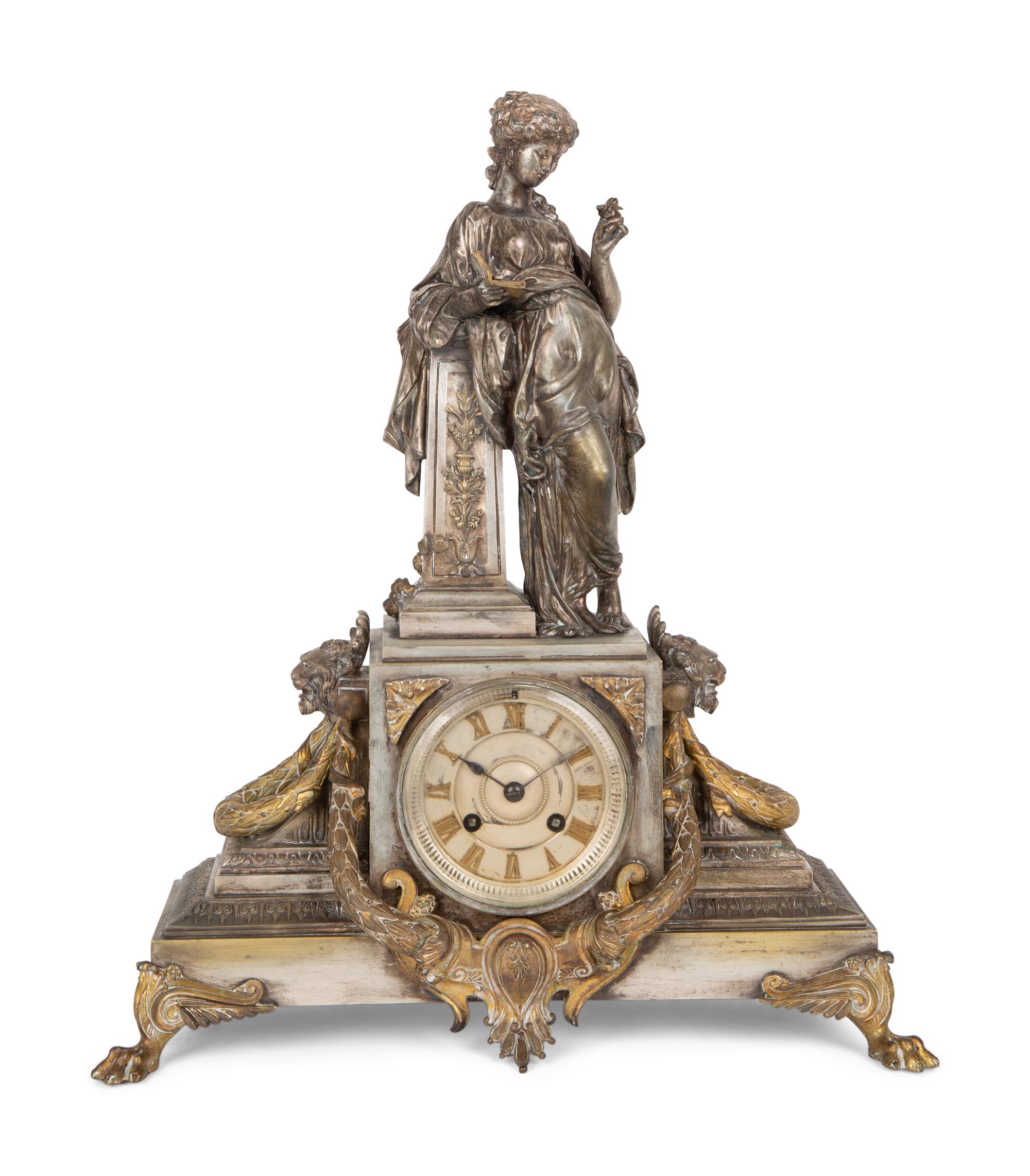A French Silvered Bronze Figural Clock