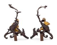 A Pair of Italian Rococo Gilt and Patinated Bronze Figural Chenets