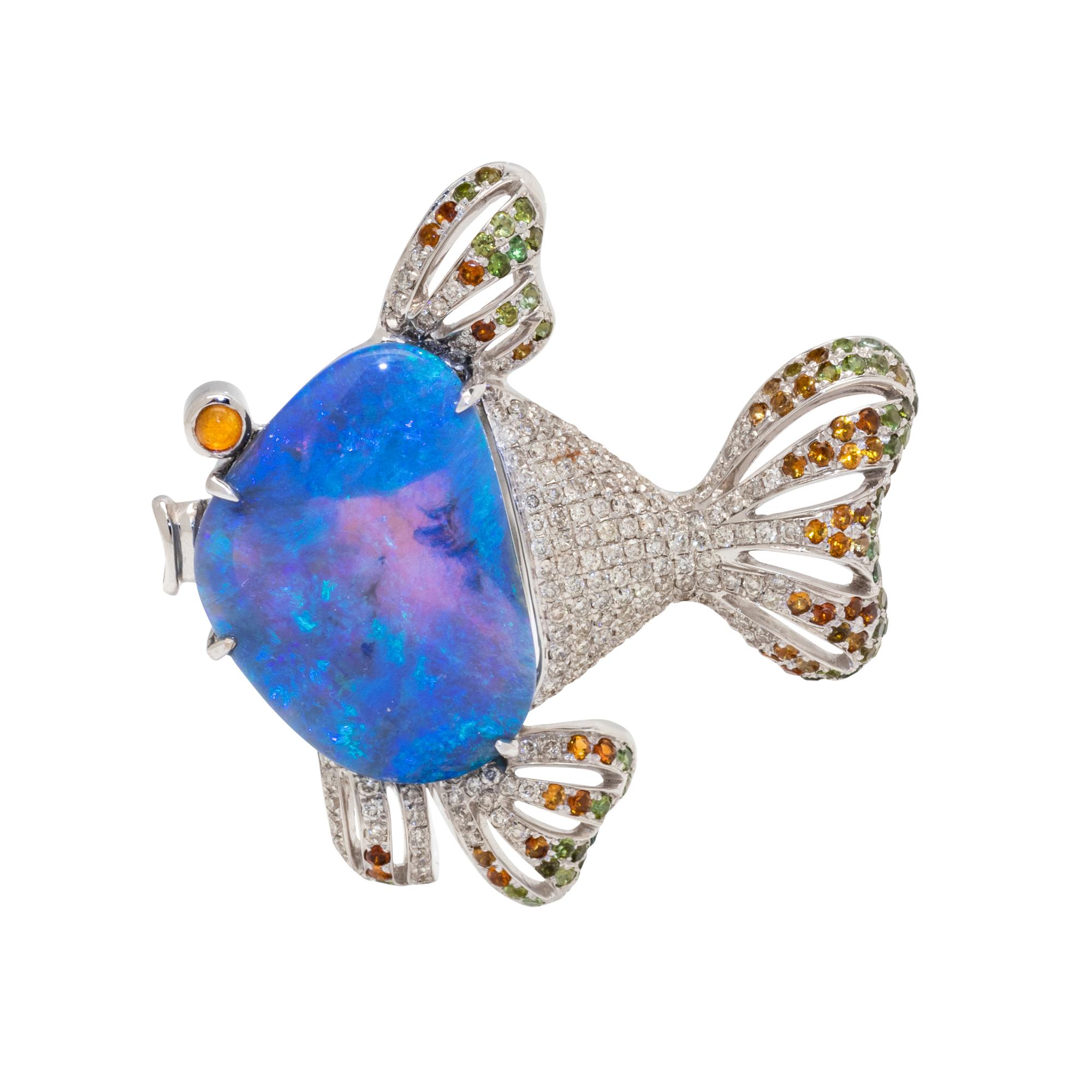 OPAL, DIAMOND AND GEMSTONE FISH PENDANT