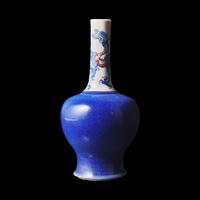 A Chinese Underglaze Blue and Copper Red 'Dragon' Porcelain Bottle Vase, 18th Century 清中期 青花釉裡紅龍紋長頸瓶