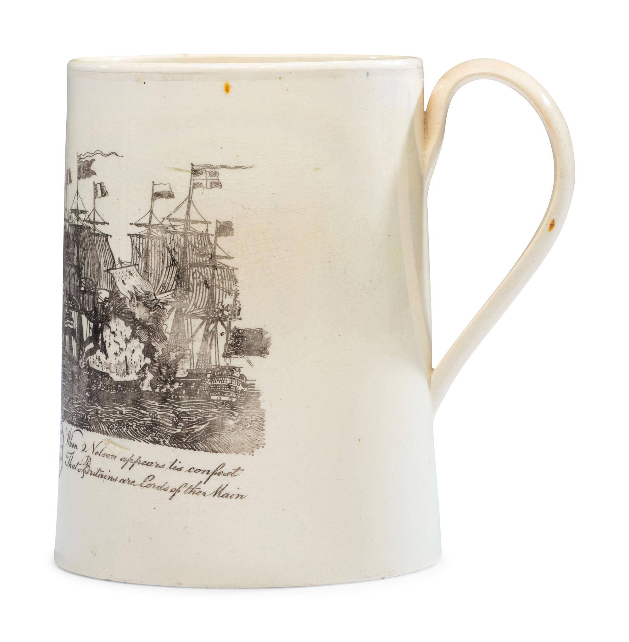 A Creamware Transfer-Printed Tankard with Naval Battle Scene