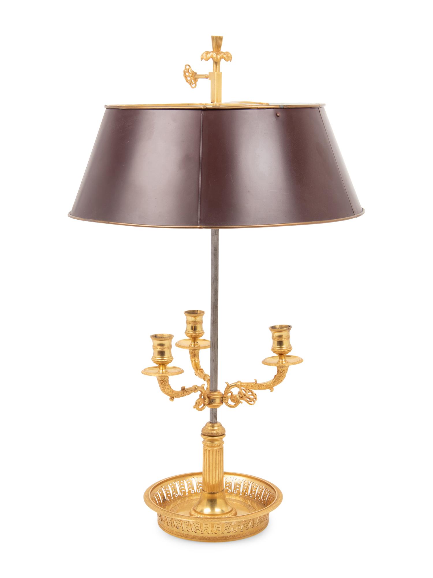 An Empire Style Gilt Metal Three-Light Bouillotte Lamp with a Tôle Shade