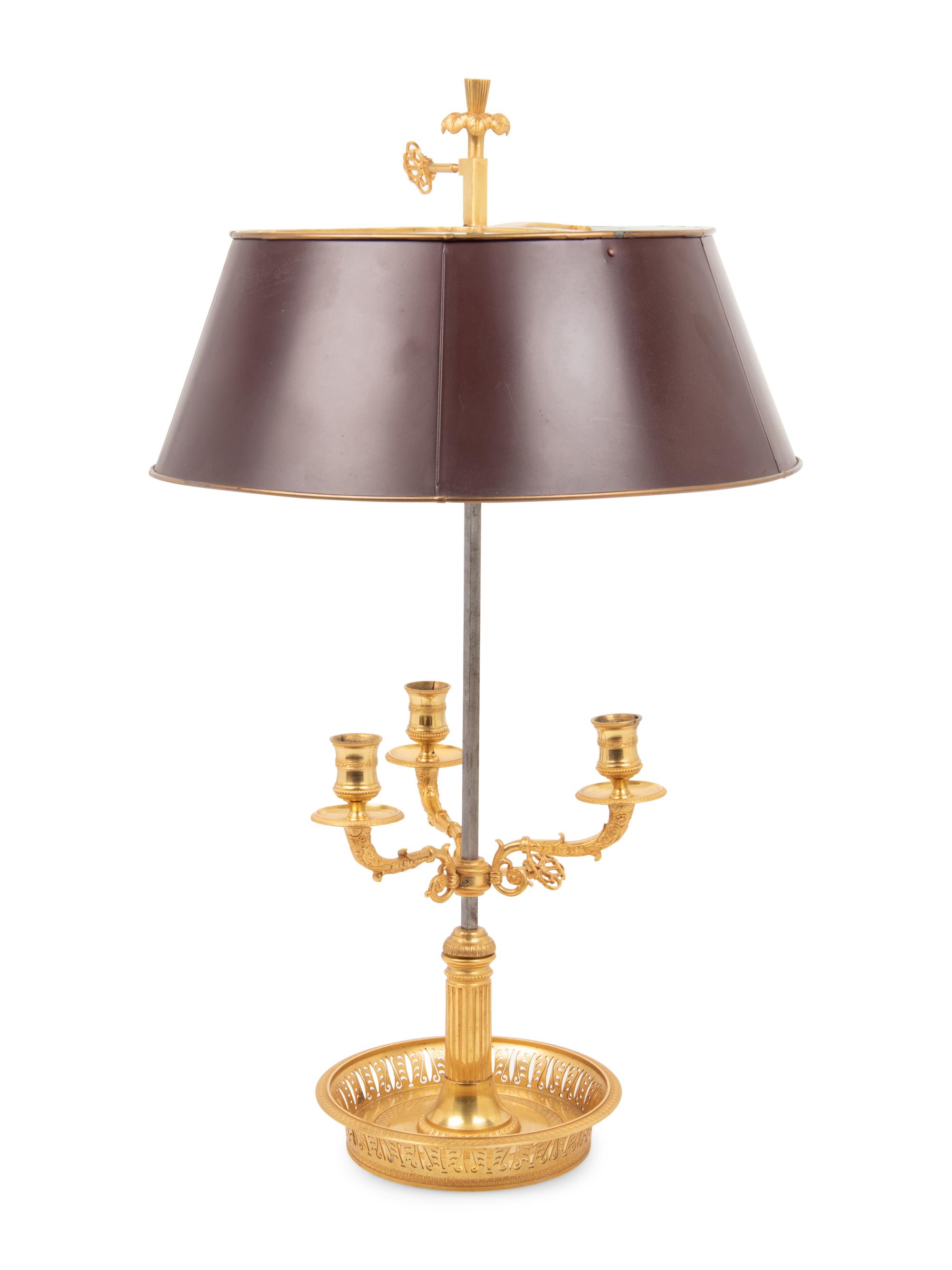 An Empire Style Gilt Metal Three-Light Bouillotte Lamp with a Tôle Shade