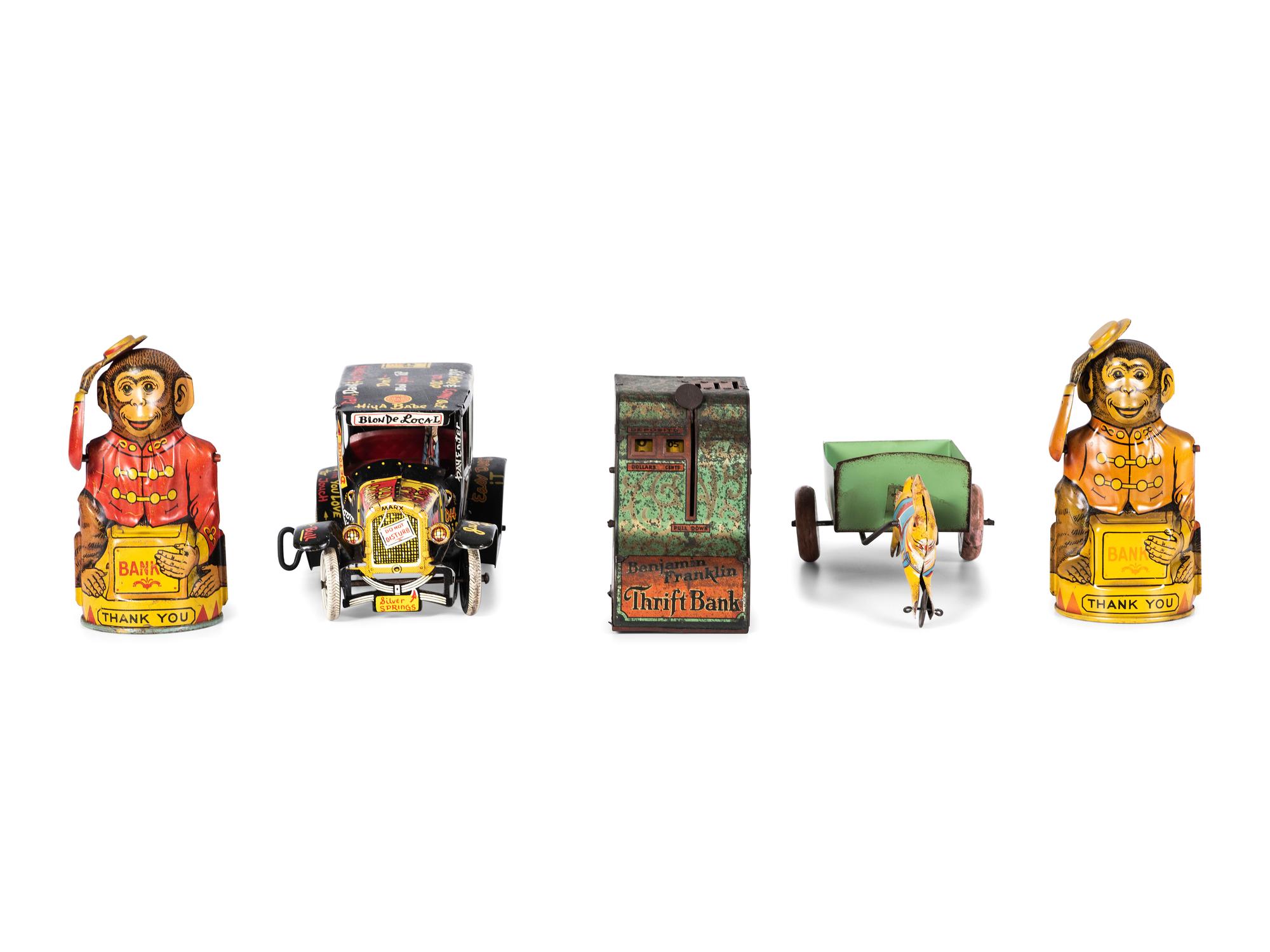 Five Tin Lithograph Banks and Toys