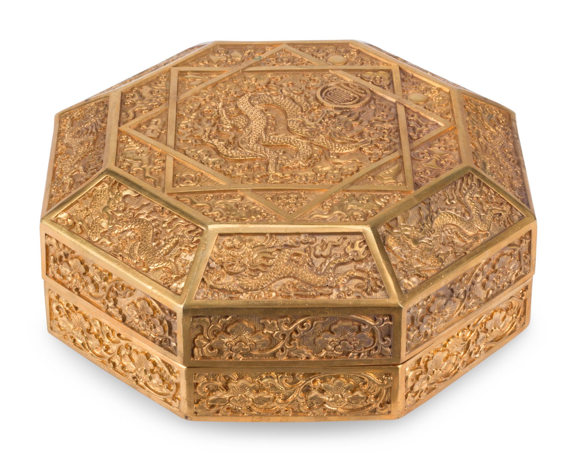 A Chinese Gilt Bronze Octagonal Box and Cover