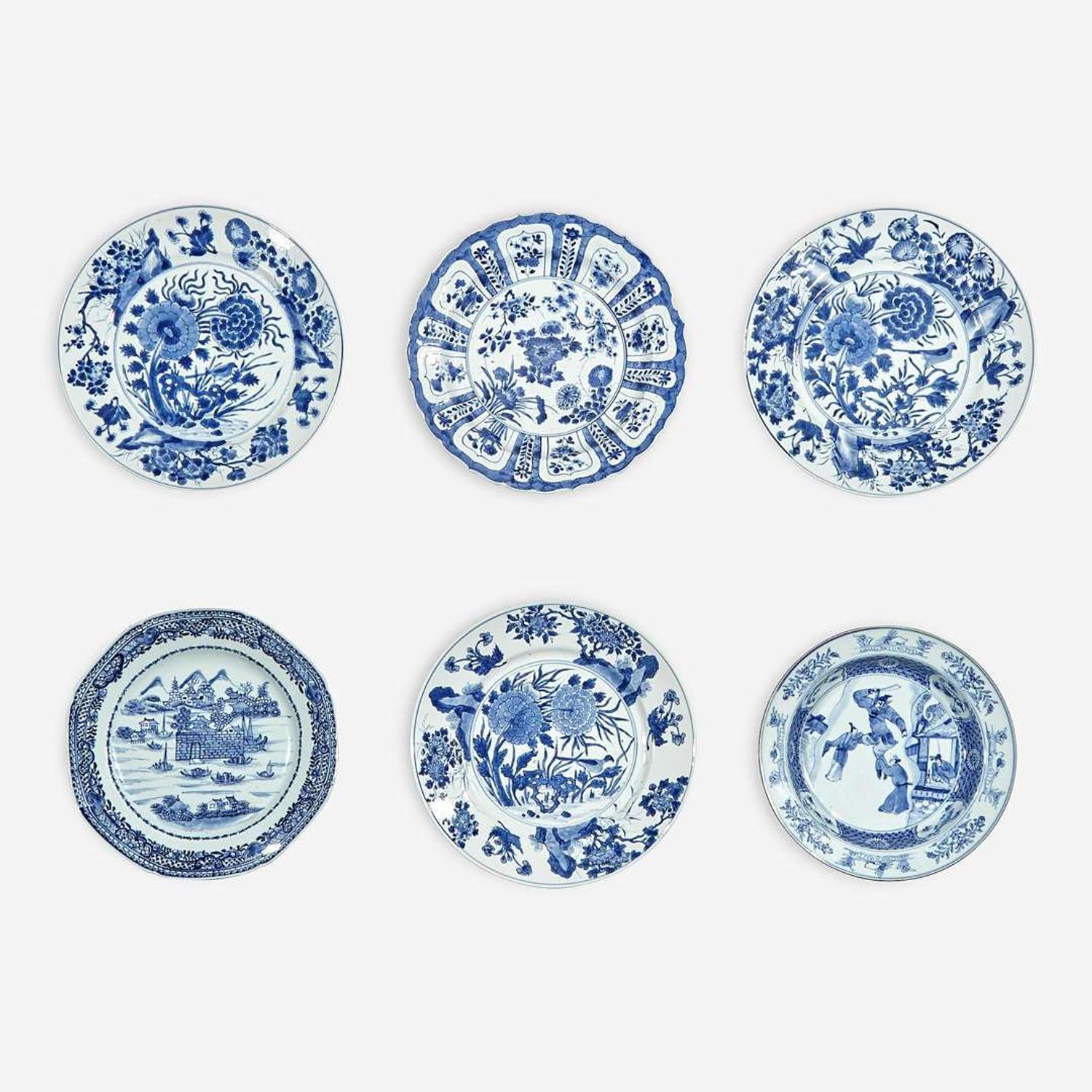 A group of six Chinese blue and white porcelain dishes Kangxi period to early 19th Century