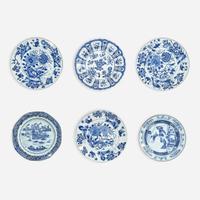 A group of six Chinese blue and white porcelain dishes Kangxi period to early 19th Century