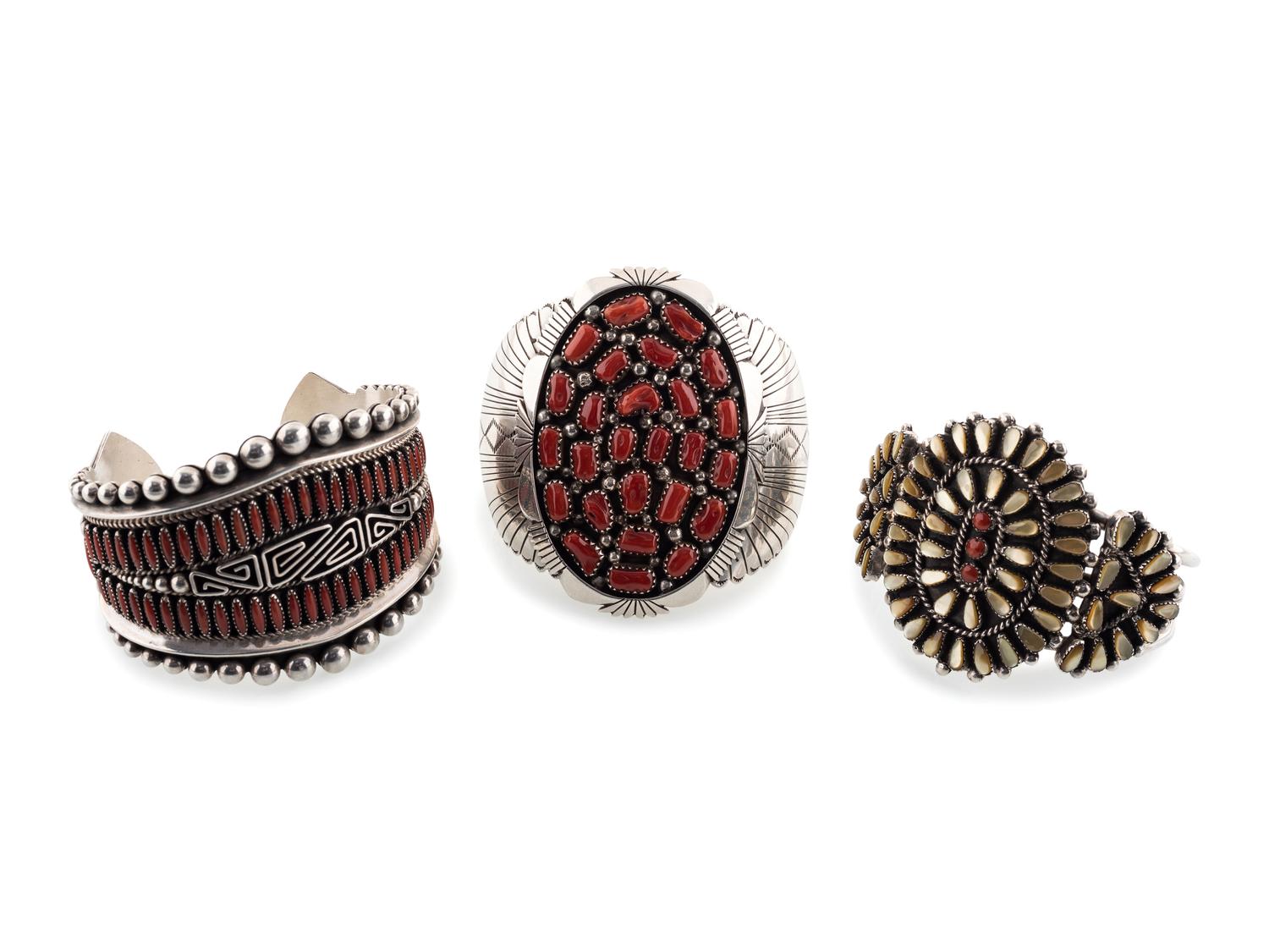 Navajo and Zuni Silver and Cluster Cuff Bracelets