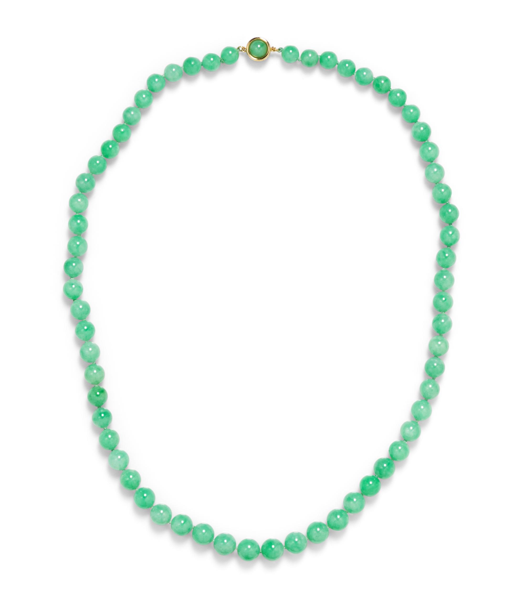 A Graduated Single Strand Jadeite Jade Bead Necklace,