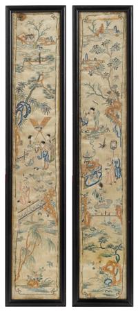 A Pair of Embroidered Silk Panels Height of each overall 21 3/4 x width 4 3/8 inches.