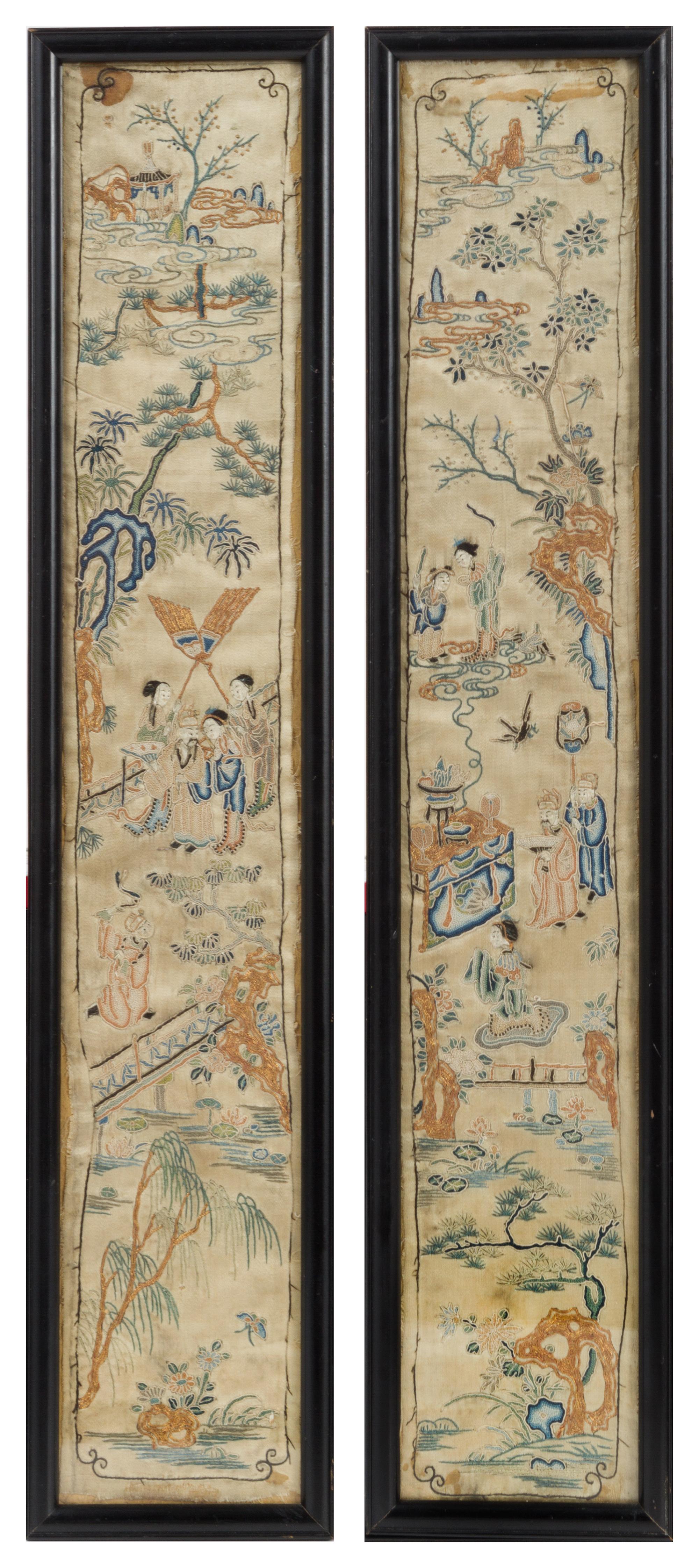 A Pair of Embroidered Silk Panels Height of each overall 21 3/4 x width 4 3/8 inches.