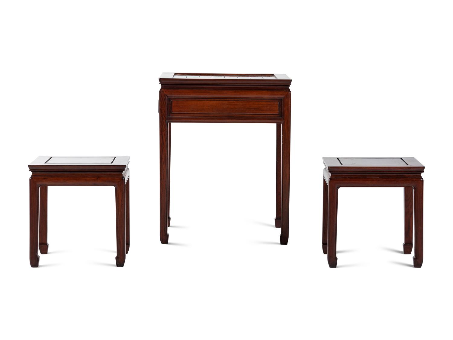 A Chinese Hardwood Inlaid Chess Table with Pair of Stools
