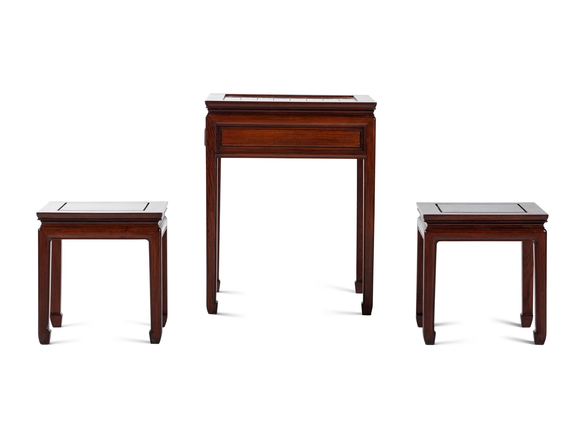 A Chinese Hardwood Inlaid Chess Table with Pair of Stools