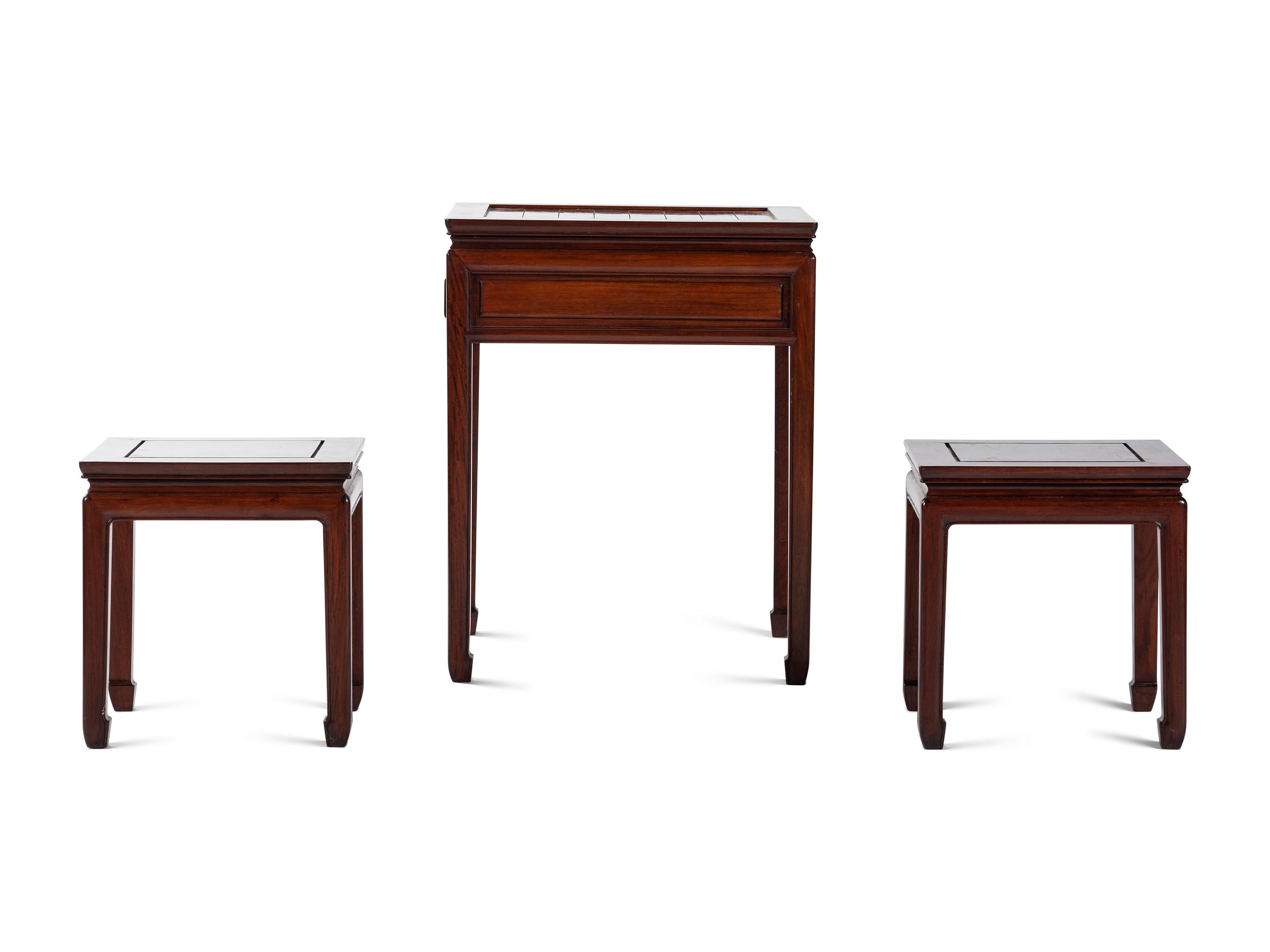 A Chinese Hardwood Inlaid Chess Table with Pair of Stools