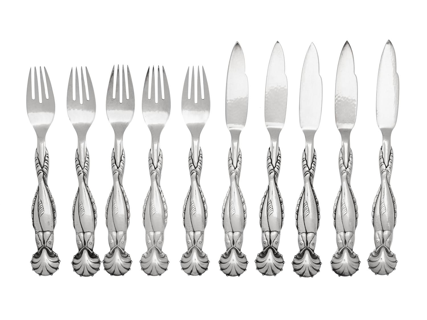A Georg Jensen Silver Ornamental Fish Service
