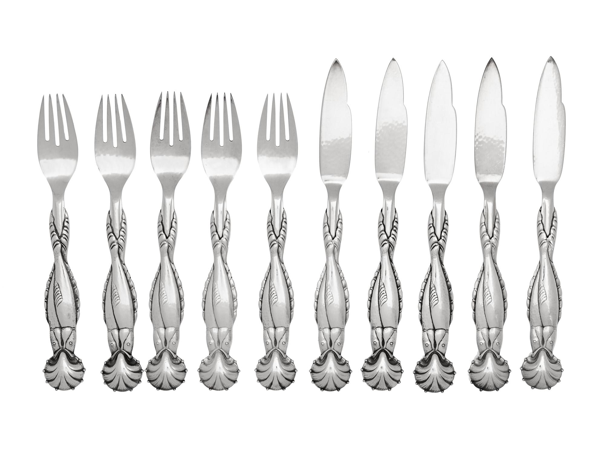 A Georg Jensen Silver Ornamental Fish Service