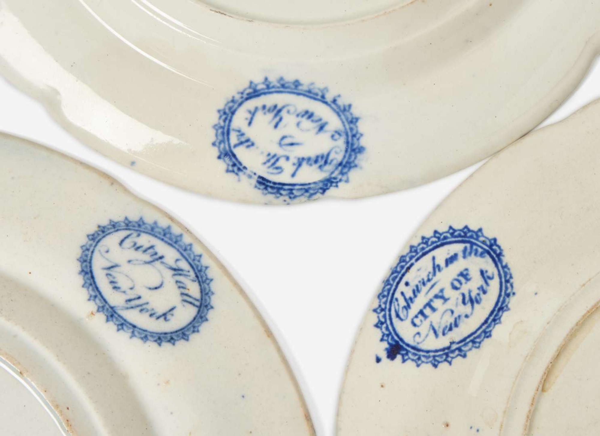 A group of eight Historical Blue Staffordshire tablewares in New York views, various makers, England, circa 1830