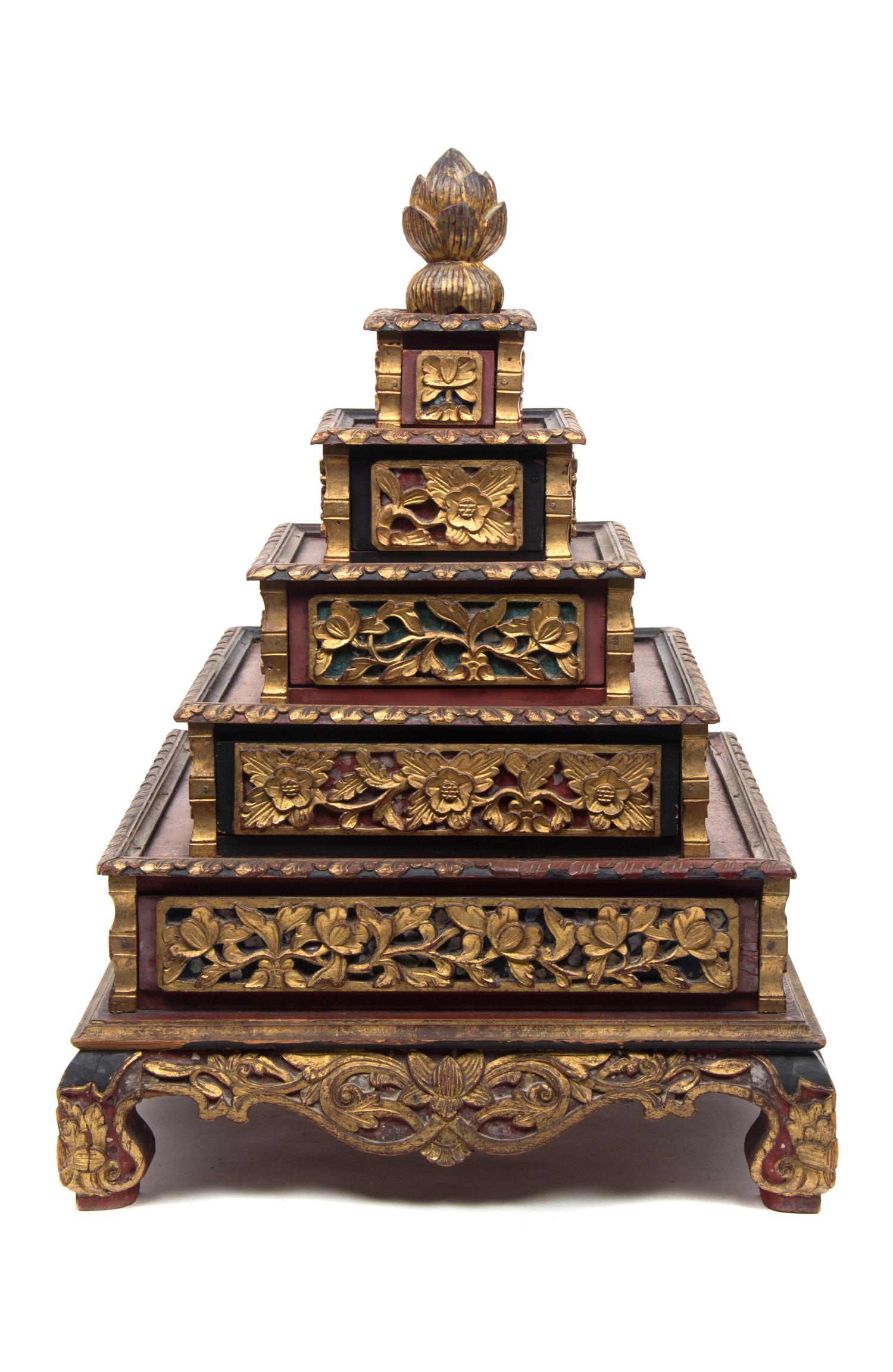 An Indonesian Parcel Gilt Red Lacquer Five-Tiered Bride's Box Height 20 x width 15 x depth 15 inches. — LATE 19TH/EARLY 20TH CENTURY