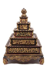 An Indonesian Parcel Gilt Red Lacquer Five-Tiered Bride's Box Height 20 x width 15 x depth 15 inches. — LATE 19TH/EARLY 20TH CENTURY