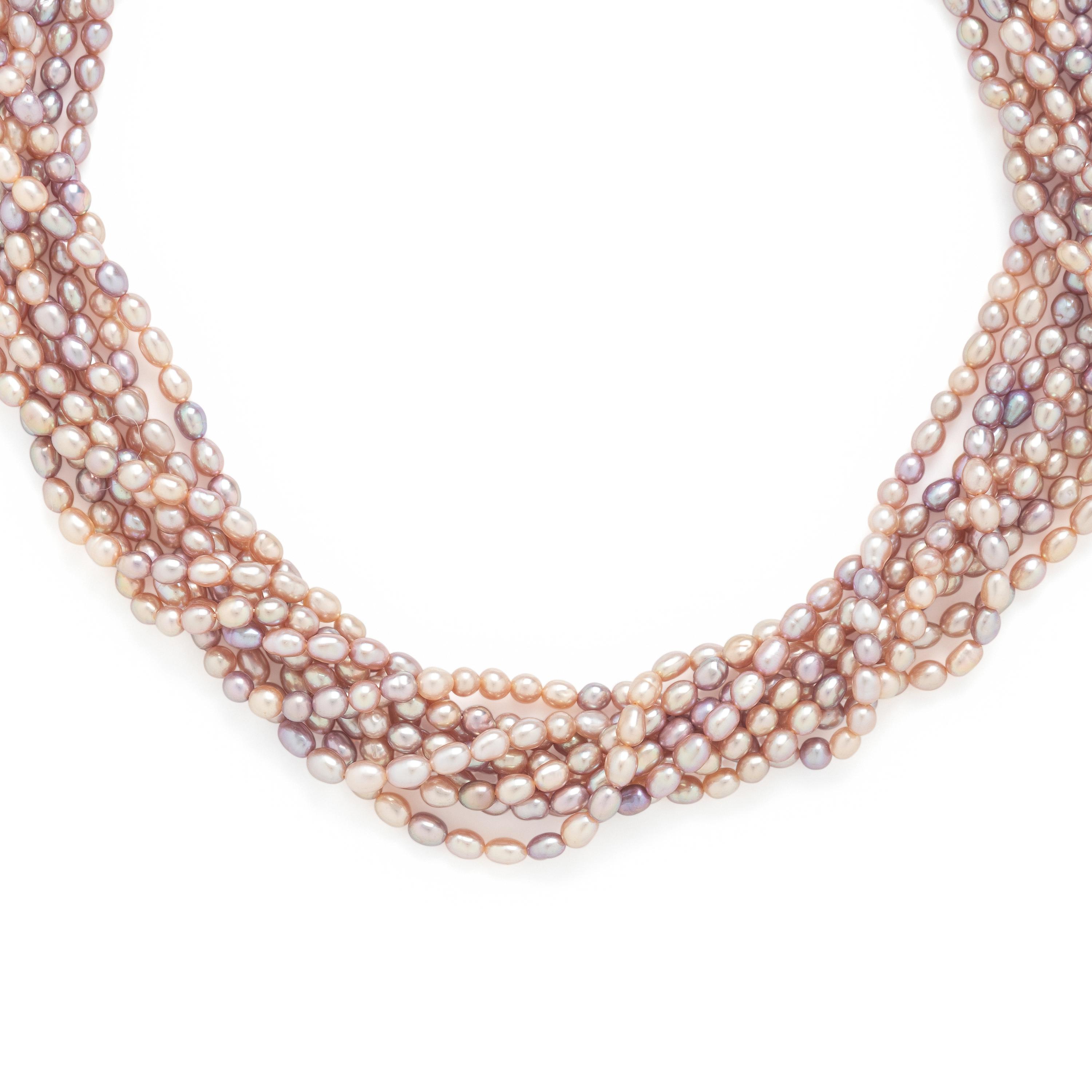 Pink Cultured Pearl, Diamond, and White Gold Torsade Necklace