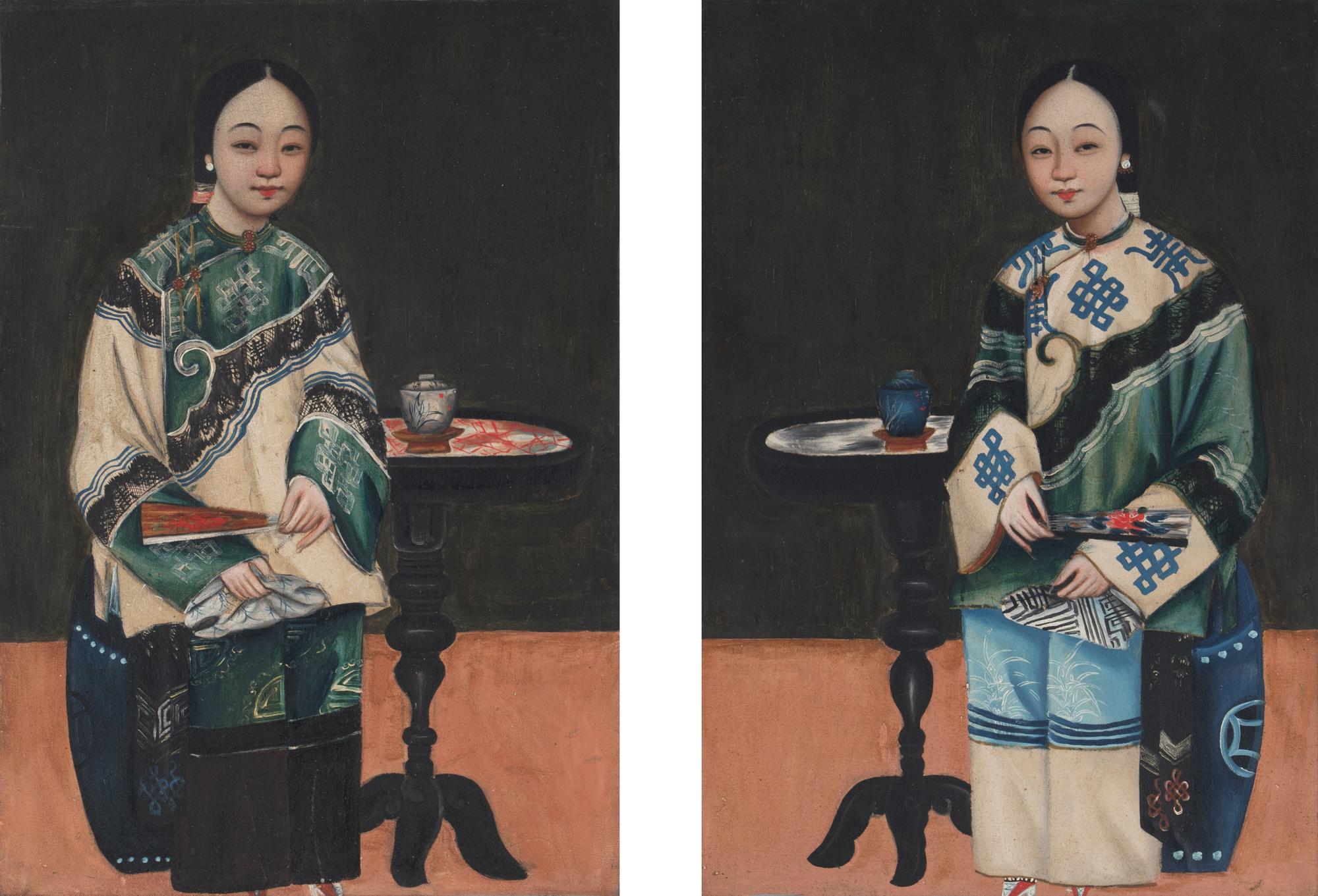 A Pair of Chinese Export Oil on Canvas 'Ladies' Paintings