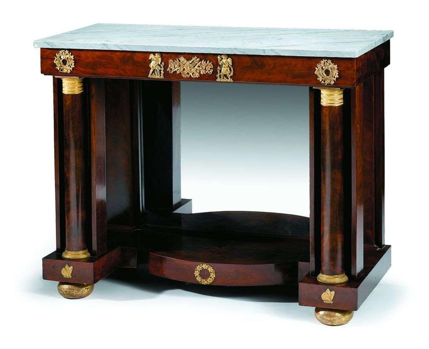 Classical marble top ormolu mounted mahogany pier table attributed to jospeh b. barry & son, philadelphia, pa, 1810-1815
