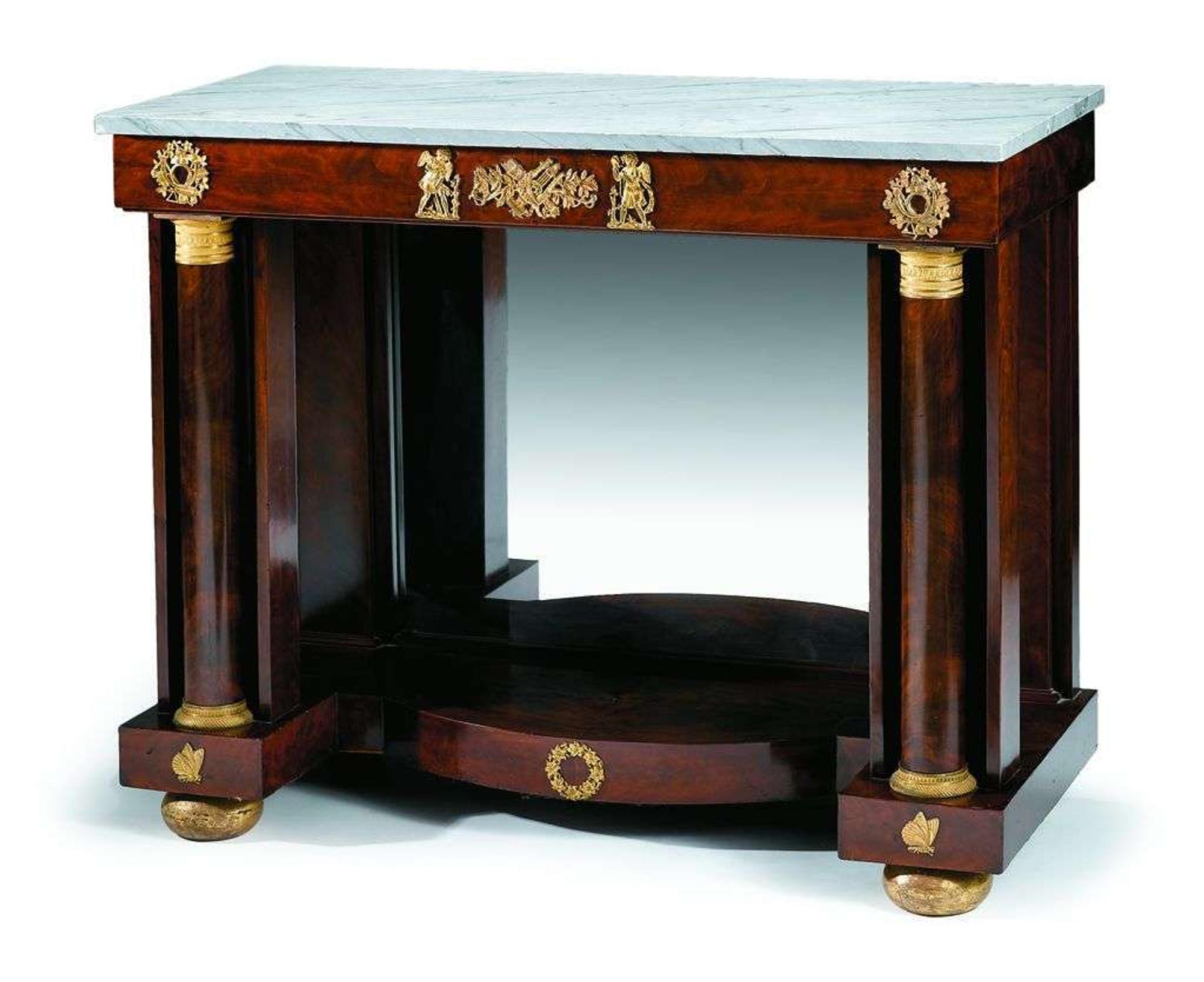 Classical marble top ormolu mounted mahogany pier table attributed to jospeh b. barry & son, philadelphia, pa, 1810-1815