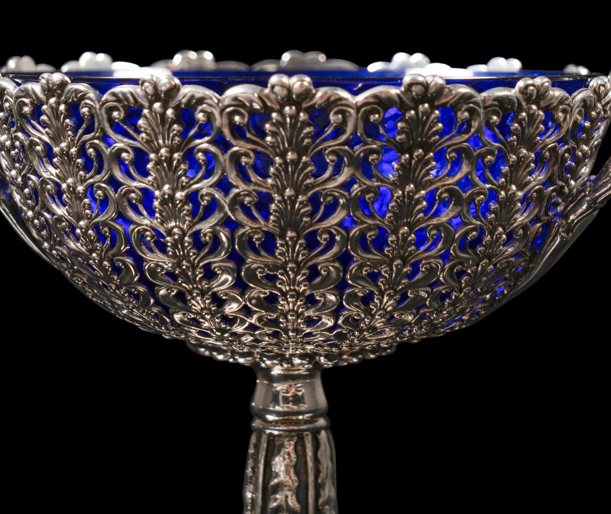 A Victorian Silver Compote with Cobalt Glass Liner