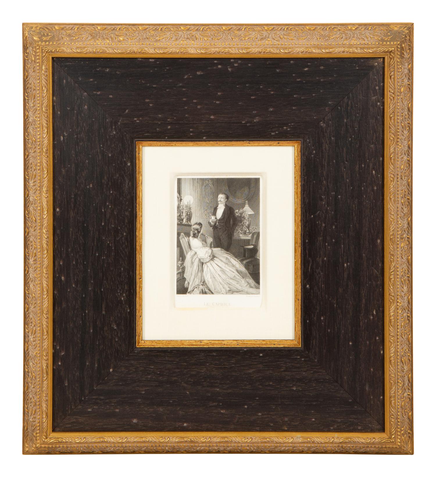 A Set of Four French Engravings of Courting Aristocrats in Ebonized and Giltwood Frames