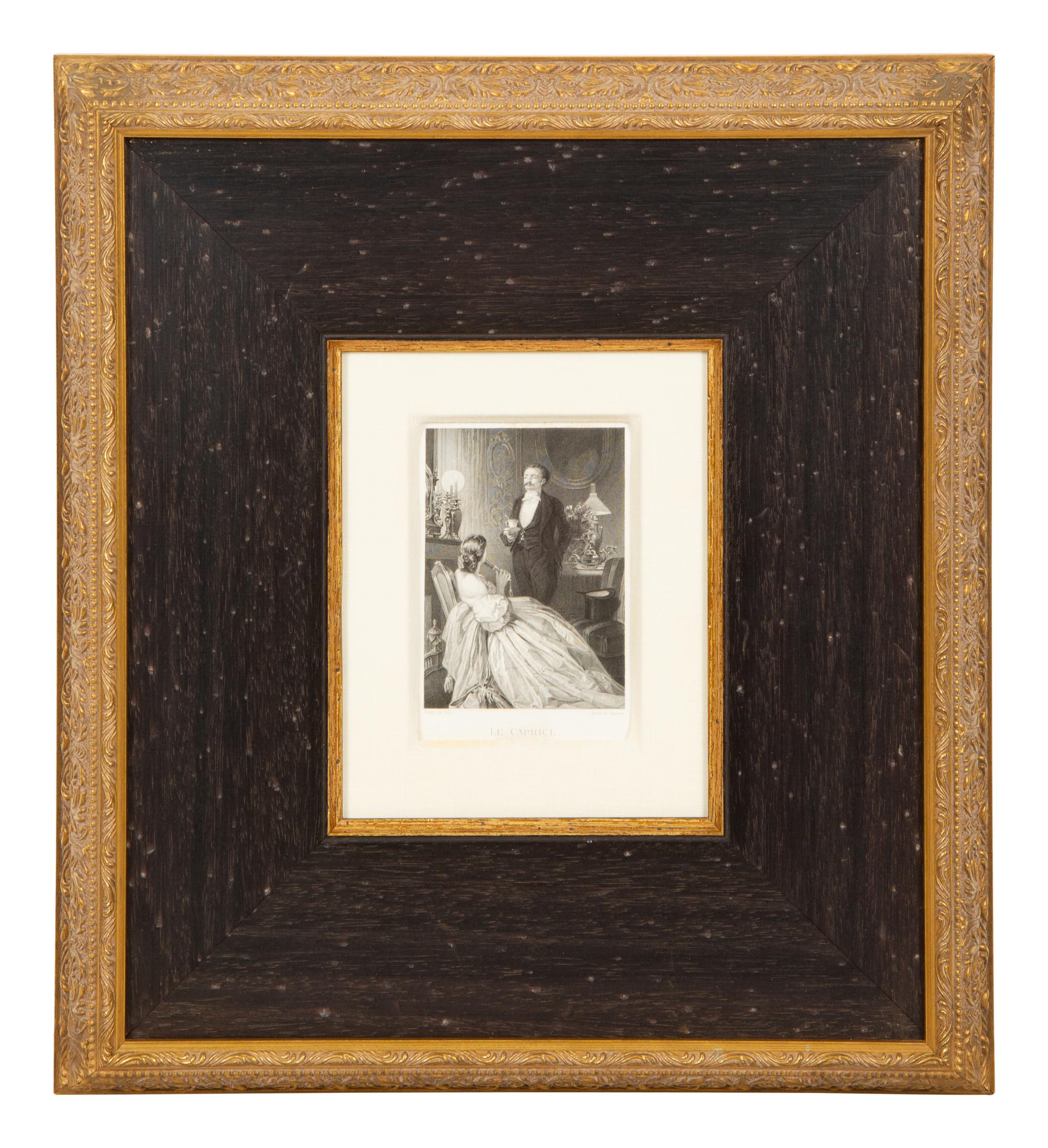 A Set of Four French Engravings of Courting Aristocrats in Ebonized and Giltwood Frames