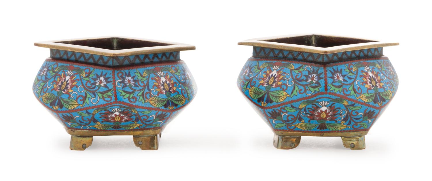 A Pair of Cloisonne Enamel Censers Height of pair 2 3/4 inches.
