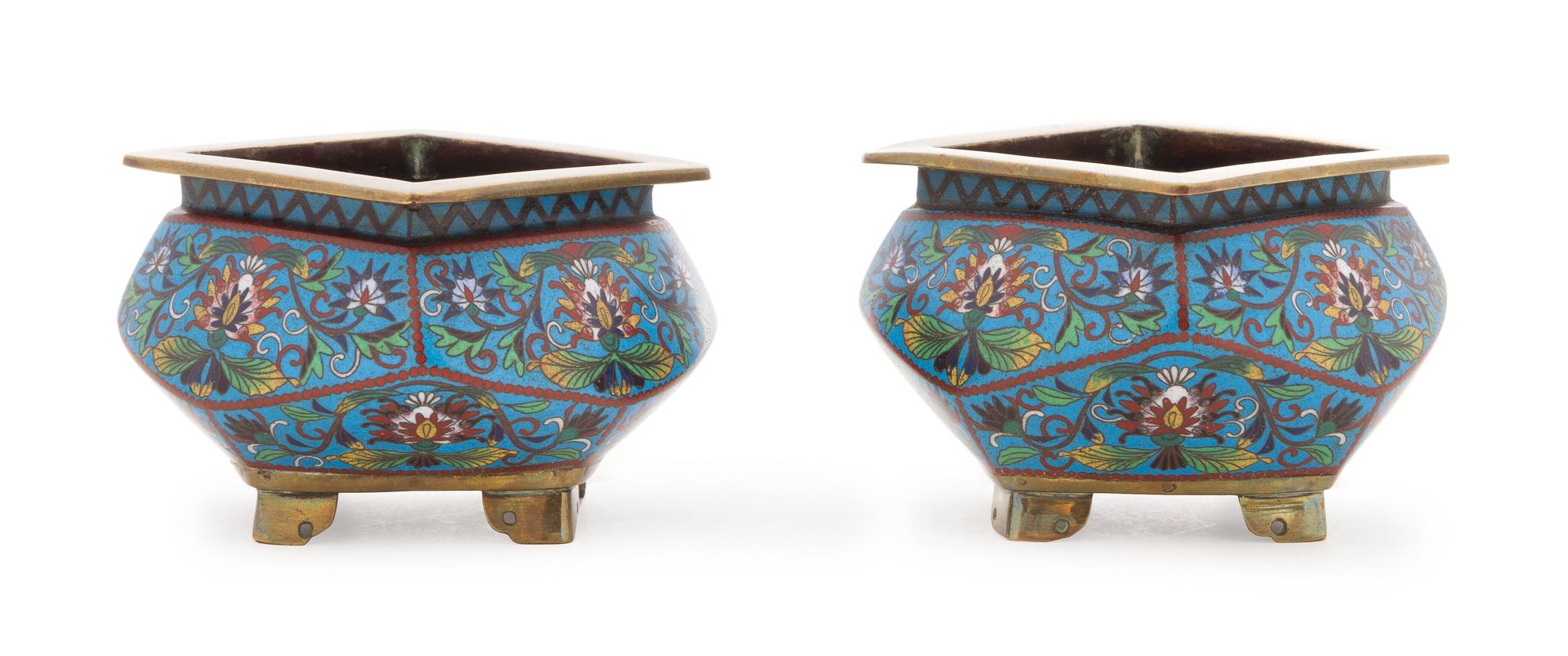 A Pair of Cloisonne Enamel Censers Height of pair 2 3/4 inches.