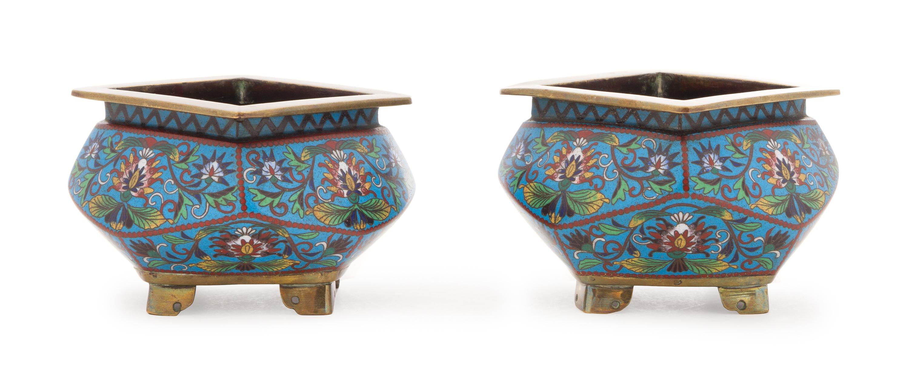 A Pair of Cloisonne Enamel Censers Height of pair 2 3/4 inches.